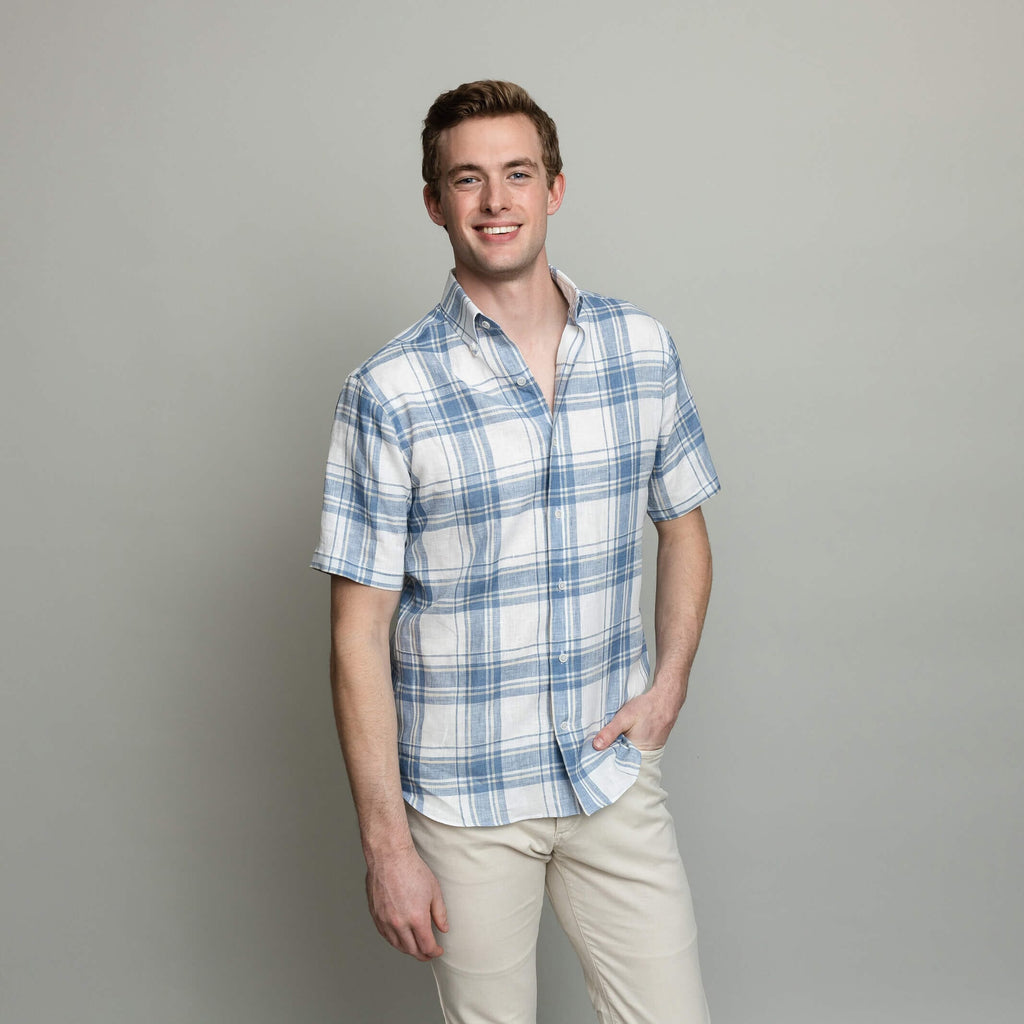 The Blue Fog Short Sleeve Hartley Linen Plaid Custom Shirt Custom Casual Shirt- Ledbury