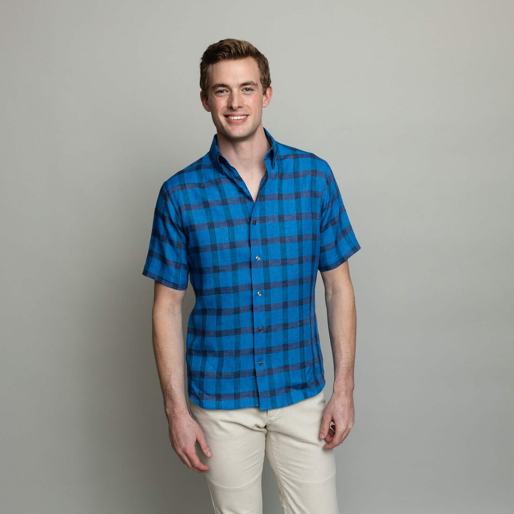 The Sapphire Short Sleeve Reardon Linen Check Custom Shirt Custom Casual Shirt- Ledbury