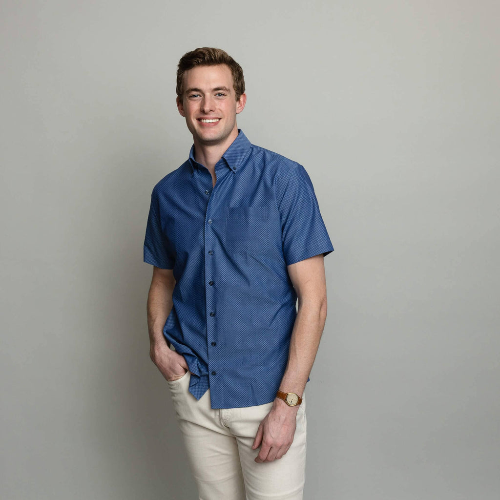 The Medium Blue Short Sleeve Stanley Print Custom Shirt Custom Casual Shirt- Ledbury