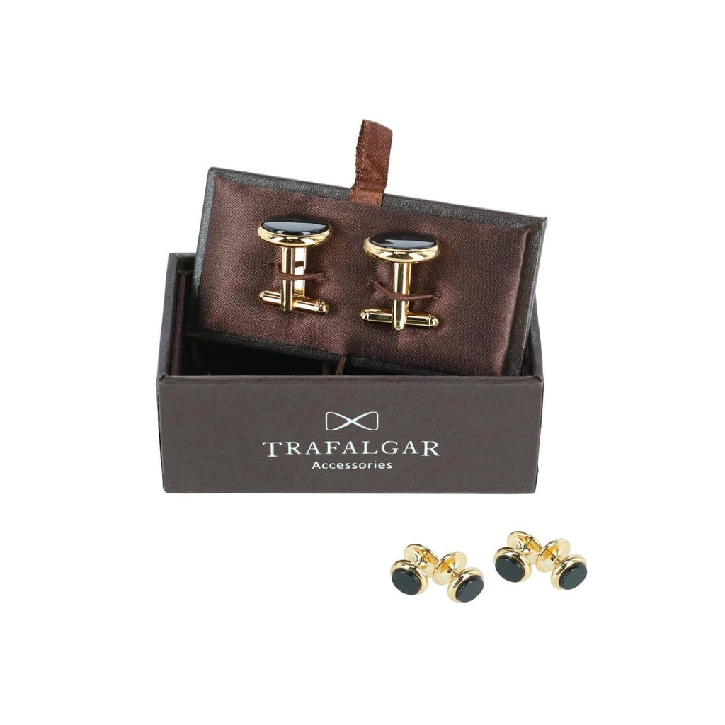 Trafalgar Sutton 24k Gold and Genuine Onyx Stud & Cufflinks Formal Set Studs- Ledbury