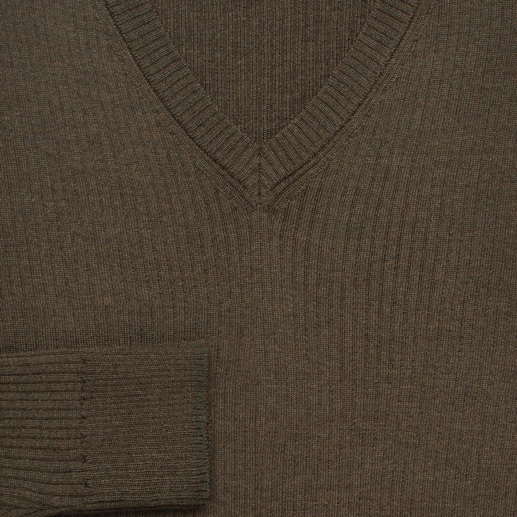 The Olive Heather Ribbed Barnes V-Neck Sweater Sweater- Ledbury