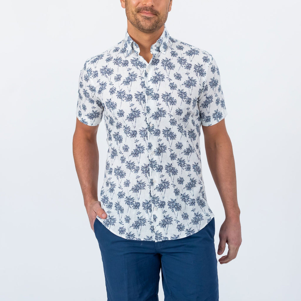 The Navy Short Sleeve Bennett Palm Print Casual Shirt Short Sleeve- Ledbury