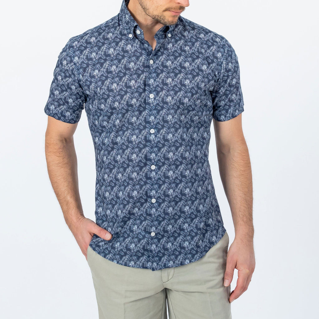 The Navy Short Sleeve Parke Printed Poplin Casual Shirt Short Sleeve- Ledbury