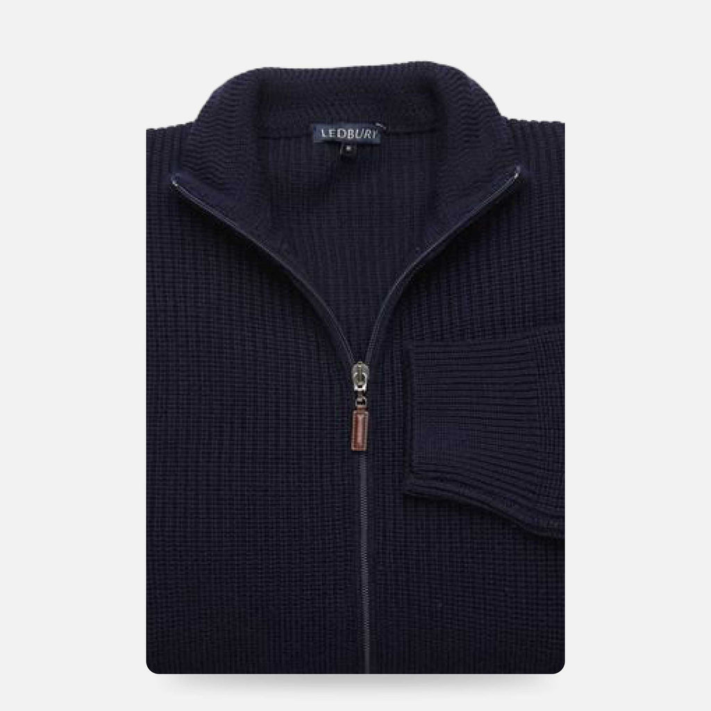 The Navy Hodge Zip-Up Cardigan Sweater- Ledbury